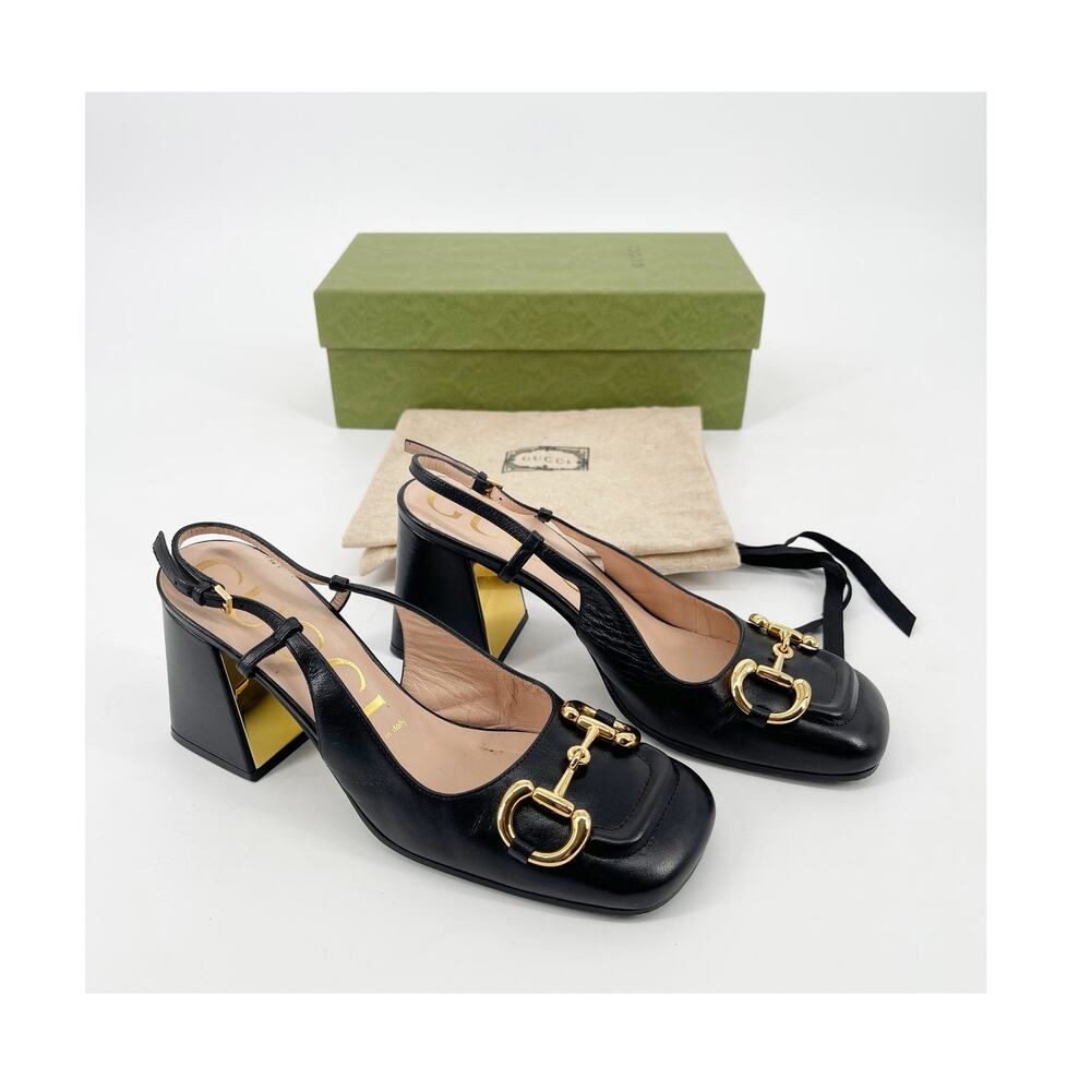 Gucci Black Leather Baby Horsebit Square Toe Block Heel Slingback Pumps EU 37
